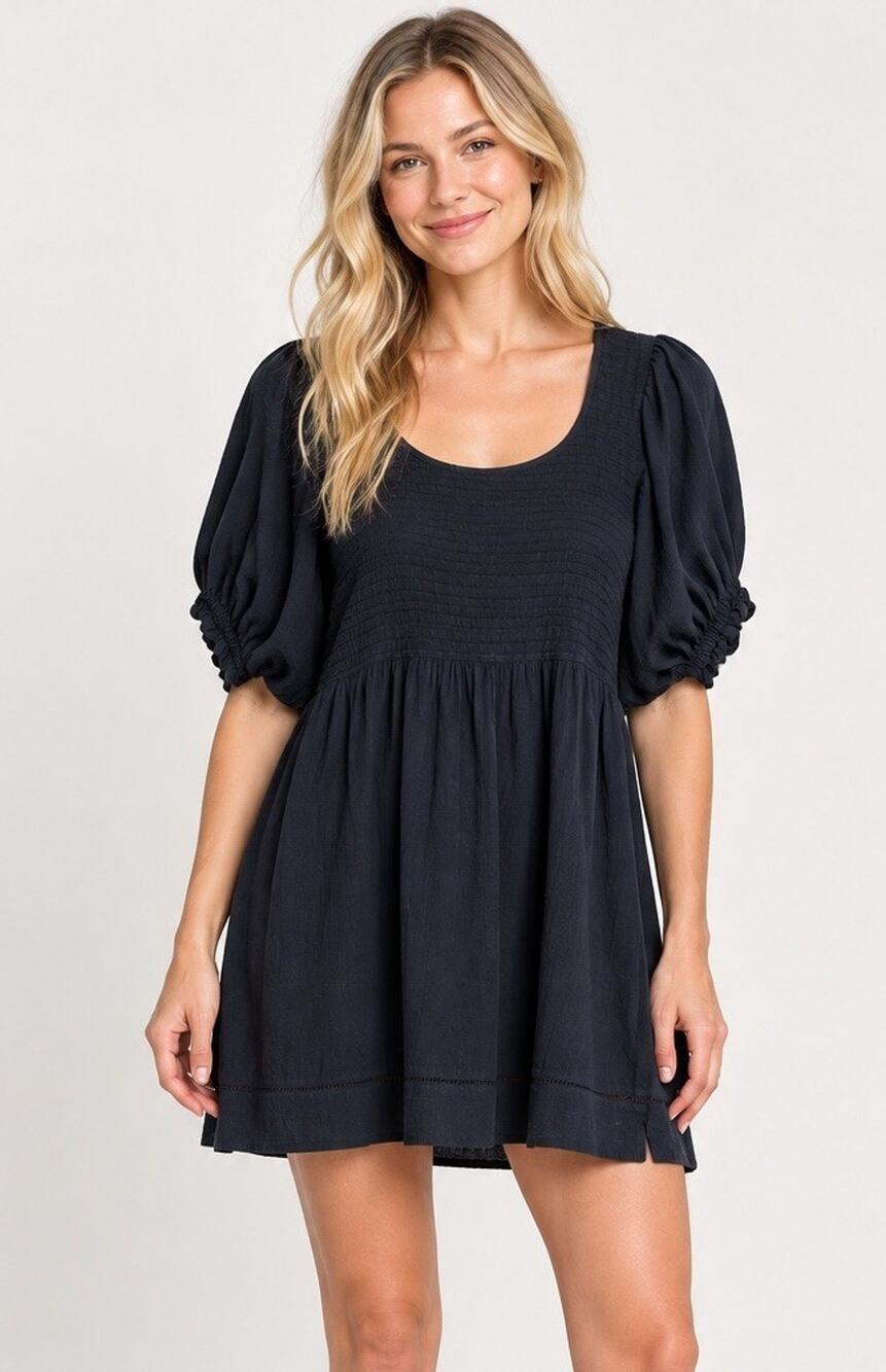 Free People Elsie Tunic Size M Baby Doll Mini Dress OB1099416 Black Cotton Linen